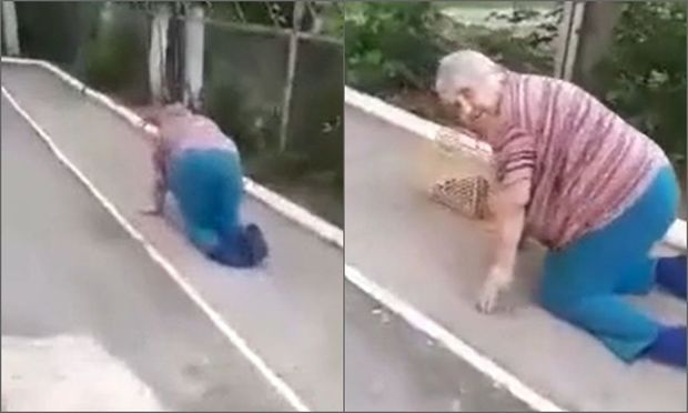 Təqaüdçü qadın karantin rejimində mağazaya sürünərək getdi