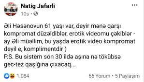 Tualetdə çəkilmiş videosu ilə şantaj edildiyini deyən Əli Həsənova sosial şəbəkədə nə yazdılar? –      “Çək cəzanı...” — foto 3