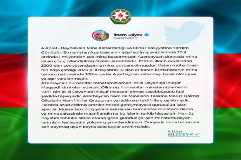 Prezident İlham Əliyev Beynəlxalq Mina Xəbərdarlığı Günü ilə bağlı paylaşım edib