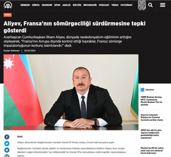 Türkiyə KİV: Prezident Əliyev Fransanın müstəmləkəçilik siyasətini davam etdirməsinə sərt etirazını bildirdi