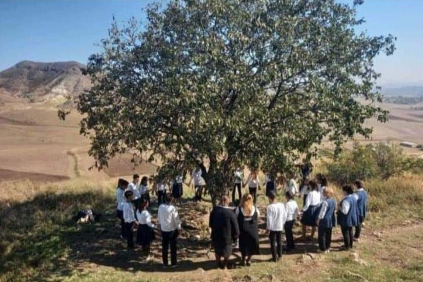 Məktəb rəhbərliyi şagirdləri pirə aparıb, "dilək ağacı" ətrafında fotosunu çəkib