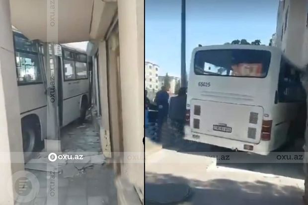 Bakıda sərnişin avtobusu binaya çırpıldı -     VİDEO