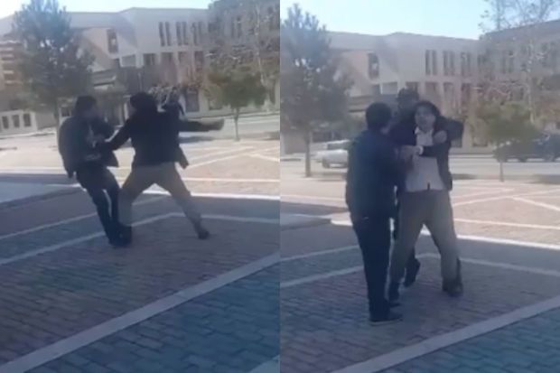 Azərbaycanda qadın ona söz atan kişini döydü -     VİDEO