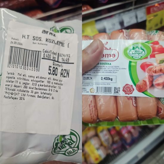 “Araz” market “Hacı Turqay” halal sosiskasının üzərinə donuz əti və donuz piyi oluduğunu göstərən etiket yapışdırıb